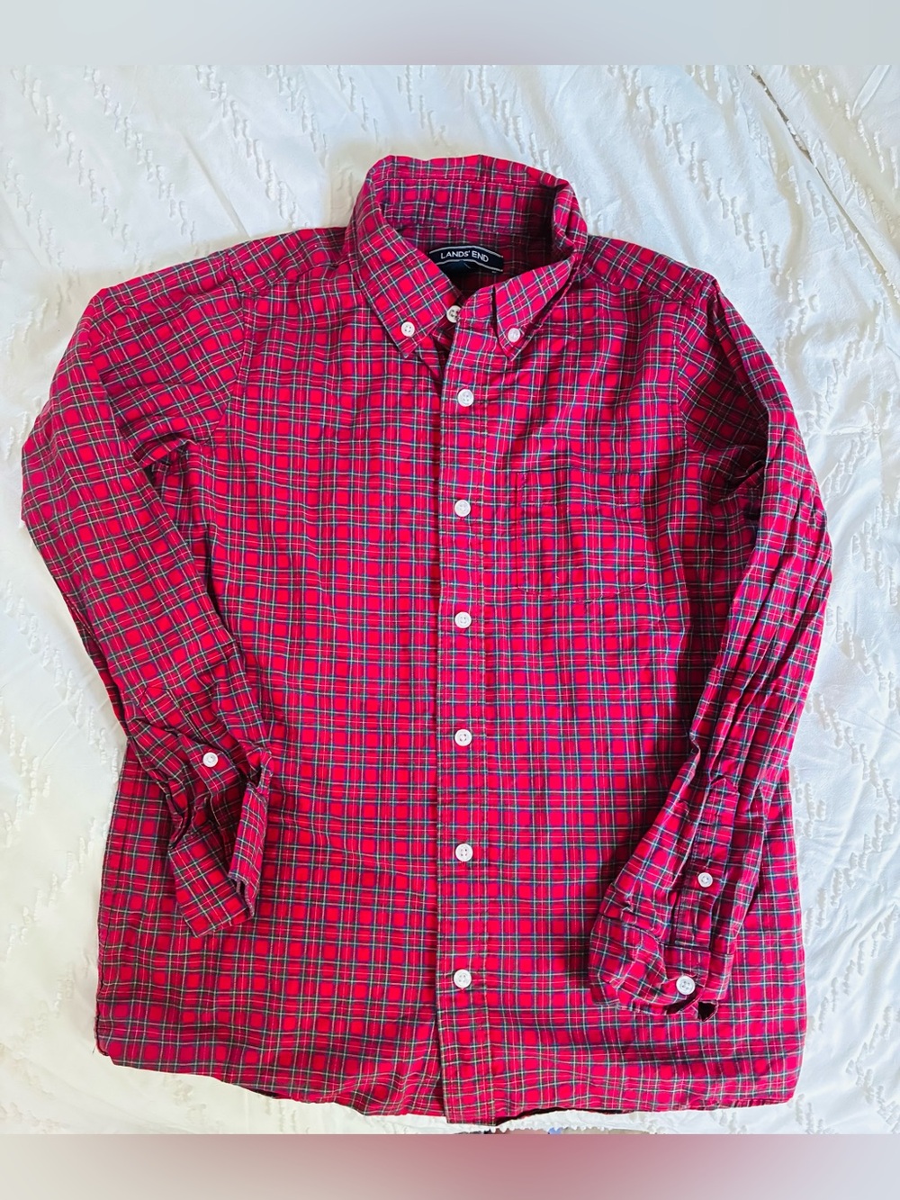 Lands' End Red Plaid Button-Down Shirt boys medium holiday Christmas plaid